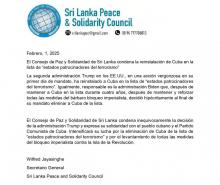 El Consejo de Paz y Solidaridad de Sri Lanka condena la reinstalación de Cuba en la lista de “estados patrocinadores del terrorismo”
