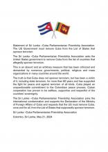 Statement of Sri Lanka –CubaParliamentarian Friendship Association . The US Government must remove Cuba from the List of States that sponsor terrorism